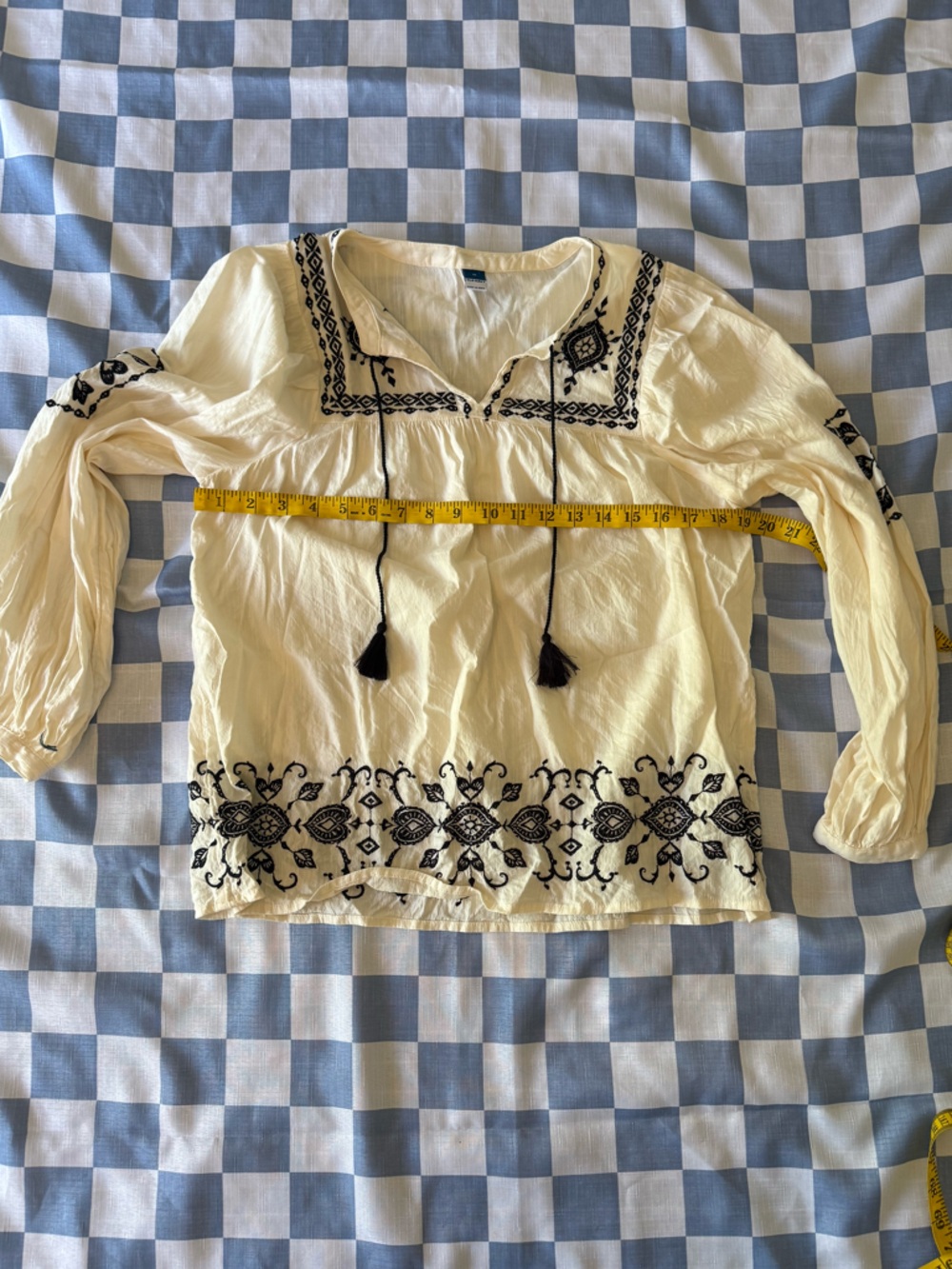 Old Navy Cream Peasant Blouse with Black Embroidery